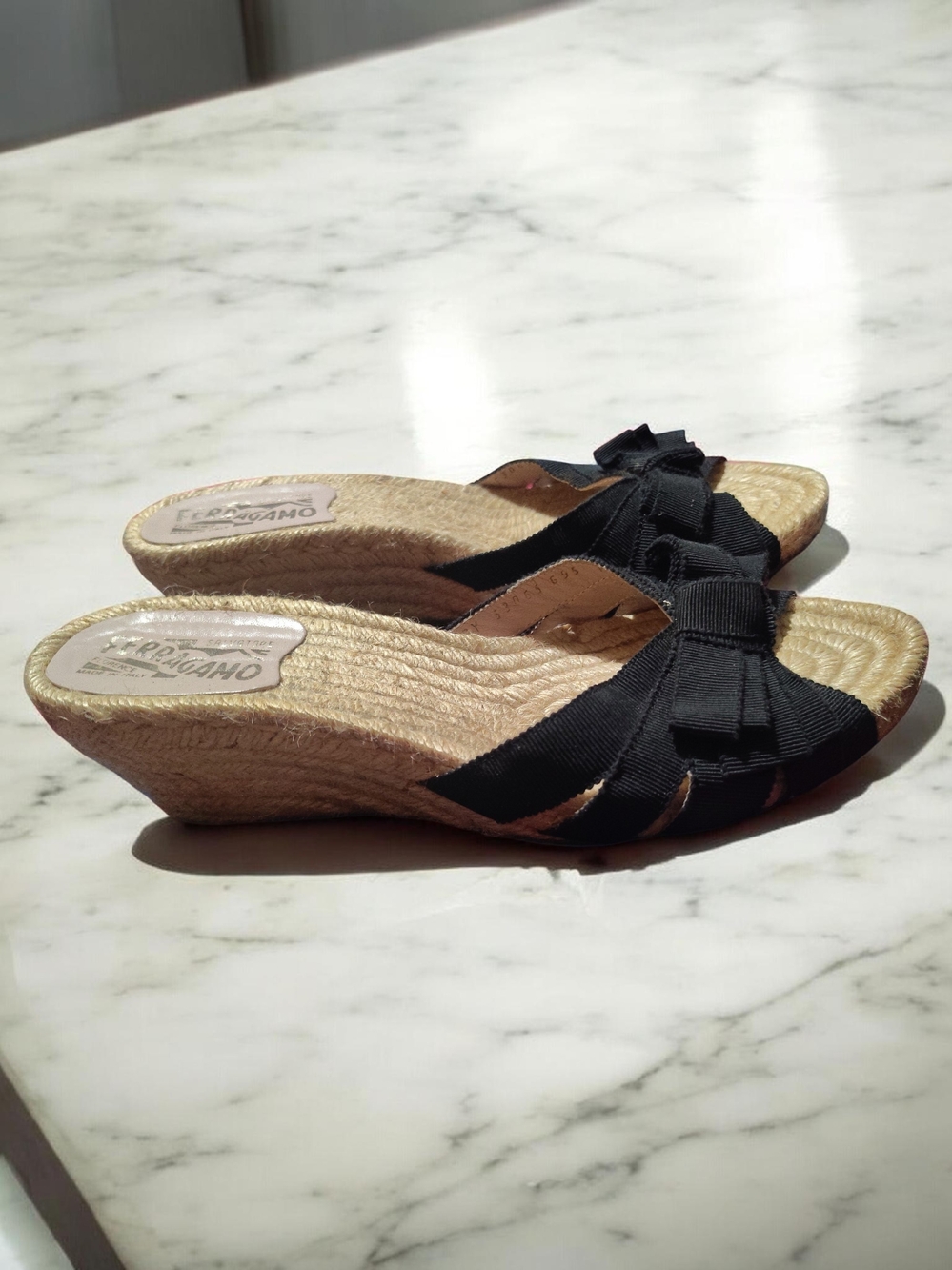 Salvatore Ferragamo Black Bow Espadrille Wedge Slides